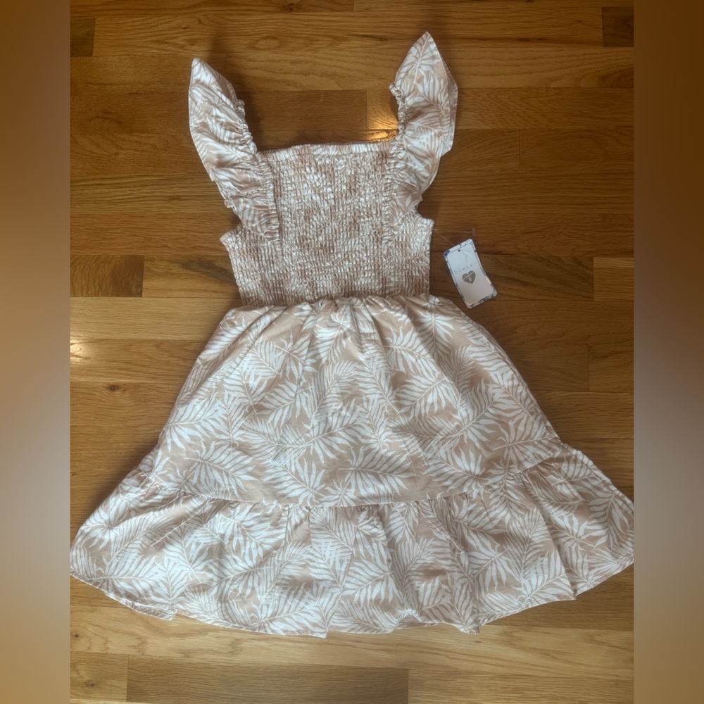 NTW Girls Tan and Cream Leaf Print Smocked Dress